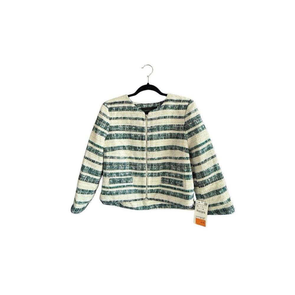 NWT Zara Basic Womens Green Ecru Striped Textured Tweed Zip Up Blazer Size Large